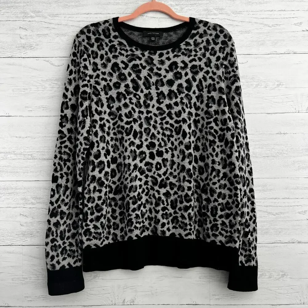 Ann Taylor Gray Leopard Print Long‎ Sleeve Sweater Size XXL